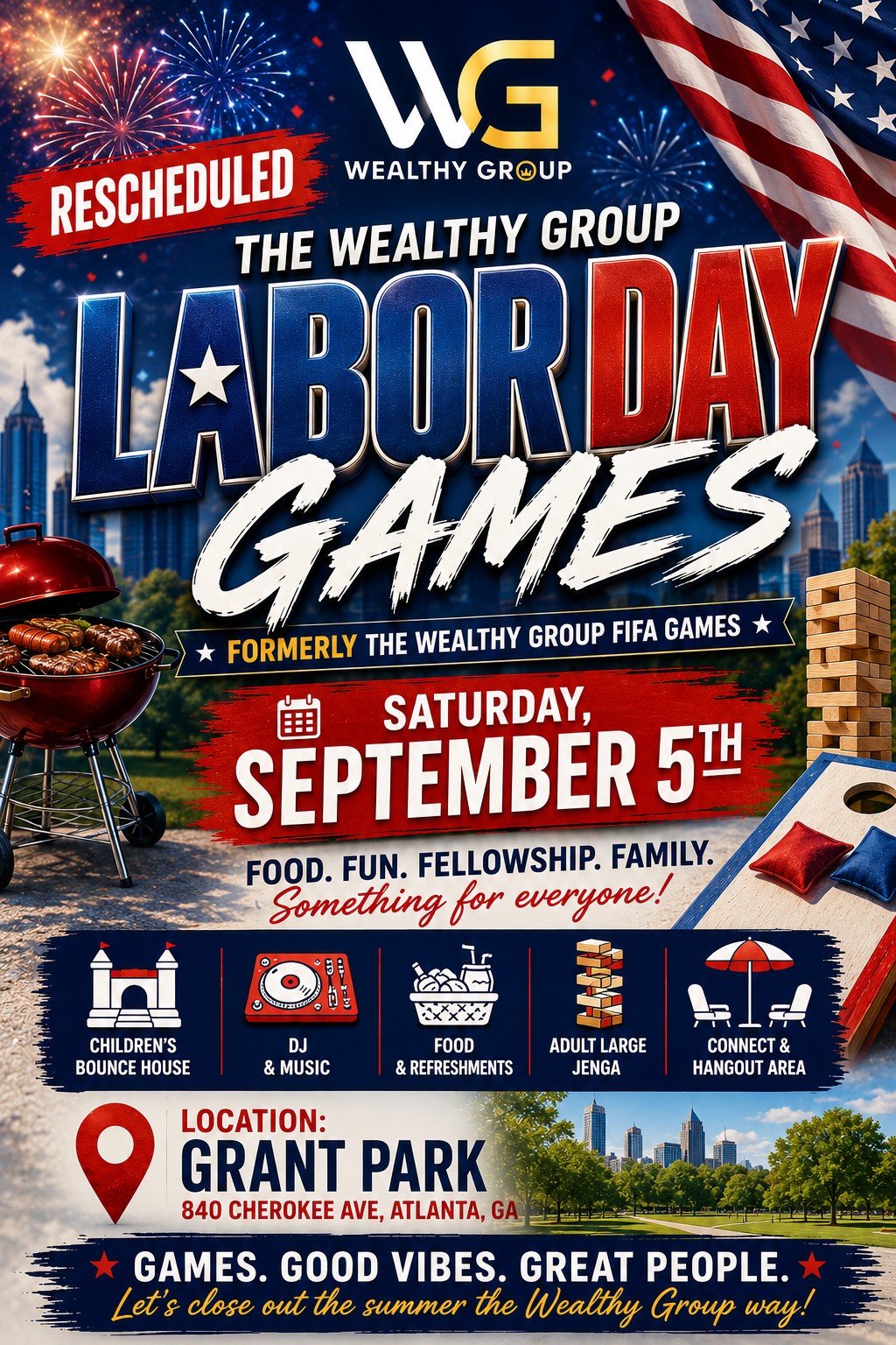 The Wealthy Group Labor Day Games flyer — Saturday, September 5th at Grant Park
