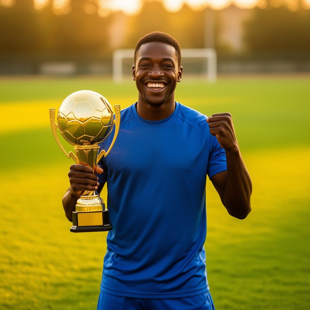 Black athlete celebrating with a trophy